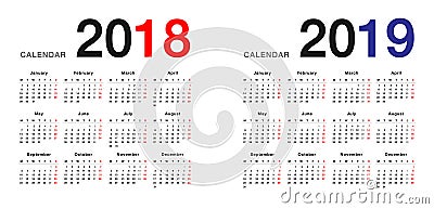 Year 2018 and Year 2019 calendar design template, simple and clean design. Stock Photo