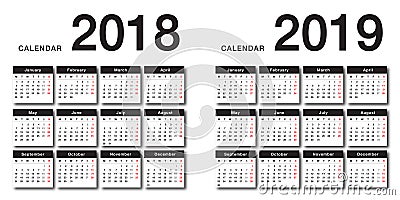 Year 2018 and Year 2019 calendar vector design template, simple and clean design. Vector Illustration