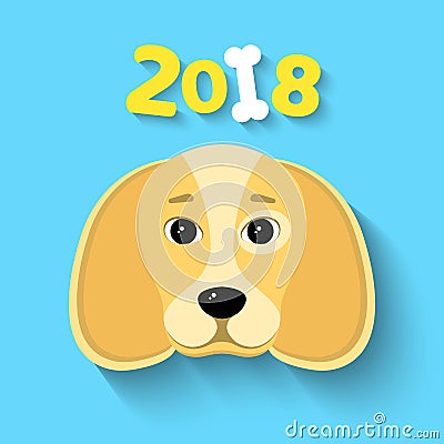 2018 year. The year of the yellow earth dog. Beautiful figures on a blue background. White bone. The falling shadow. Vector illust Cartoon Illustration