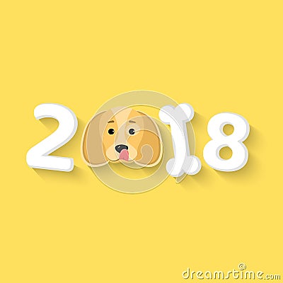 2018 year. The year of the yellow earth dog. The dog licks himself. The numbers are chaotic. White bone. The falling shadow. Vecto Cartoon Illustration