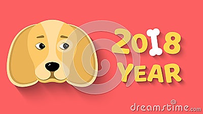 2018 year. The year of the yellow earth dog. The dog looks at the bone. Isolated on white background. White bone. The falling shad Cartoon Illustration
