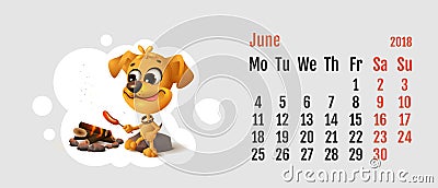 2018 year of yellow dog on Chinese calendar. Yellow fun dog fries sausage at fire stake. Calendar grid month June Vector Illustration