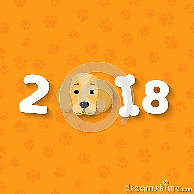 The year 2018 is a yellow earth dog. A lovely cartoon dog looks. Cartoon figures. Orange pattern from the tracks. Cover for the ca Cartoon Illustration