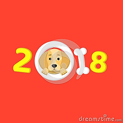 The year 2018 is a yellow earth dog. A lovely cartoon dog looks. Cartoon figures. Red background. Cover for the calendar. Vector i Cartoon Illustration