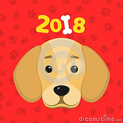 The year 2018 is a yellow earth dog. A lovely cartoon dog looks. Cartoon figures. Red pattern from the tracks. Cover for the calen Cartoon Illustration