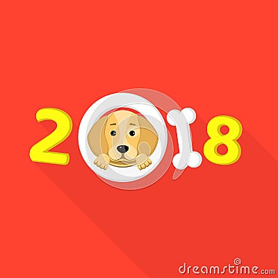 The year 2018 is a yellow earth dog. A lovely cartoon dog looks. Cartoon figures with a shadow. Cover for the calendar. Vector ill Cartoon Illustration