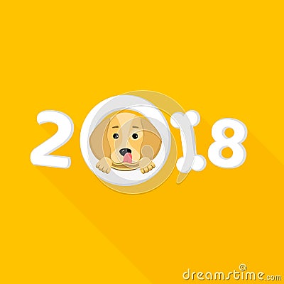 The year 2018 is a yellow earth dog. A lovely cartoon dog looks. Cartoon figures with a shadow. Orange background. Cover for the c Cartoon Illustration