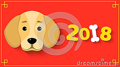 The year 2018 is a yellow earth dog. A lovely cartoon dog looks. Cartoon figures with a shadow. Red background with yellow pattern Cartoon Illustration