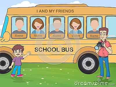Yearbook with boy , photographer and school bus Vector Illustration