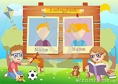 Yearbook for kindergarten with kids and two Vector Illustration