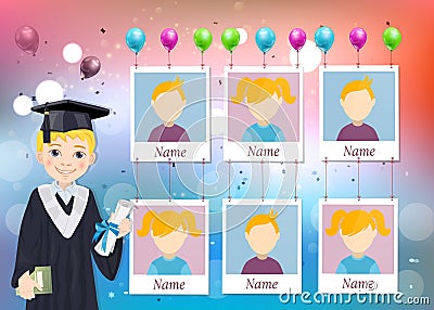 Yearbook for school with graduate boy and six photos Vector Illustration