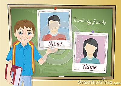 Yearbook about schoolboy and chalkboard Vector Illustration