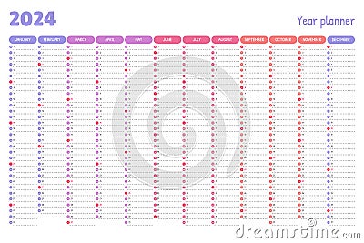 2024 yearly calendar. Planner template, organizer. Vector Illustration