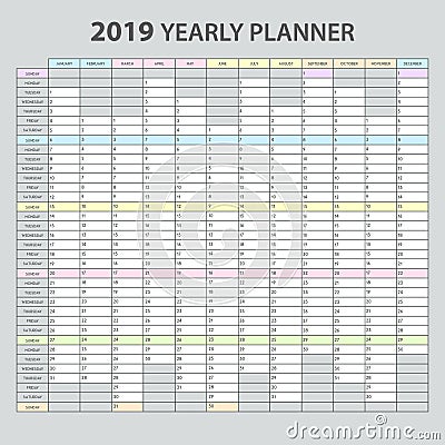 Yearly Planner 2019 Vector Illustration
