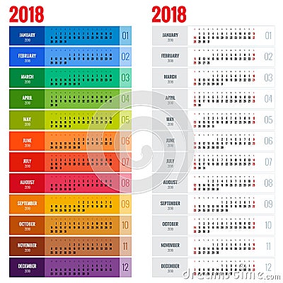 Yearly Wall Calendar Planner Template for 2018 Year. Vector Design Print Template. Week Starts Sunday. Vector Illustration