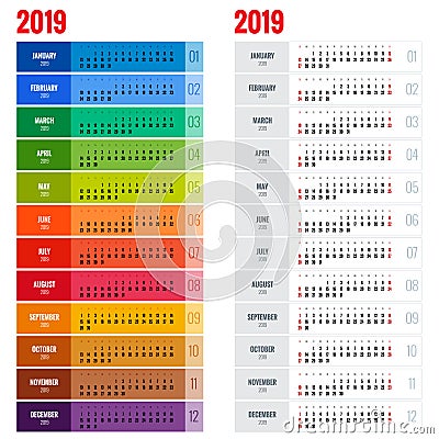 Yearly Wall Calendar Planner Template for 2019 Year. Vector Design Print Template. Week Starts Sunday. Vector Illustration