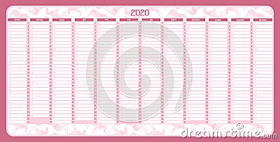 Yearly Wall Calendar Planner Template for Year 2020 Vector Illustration