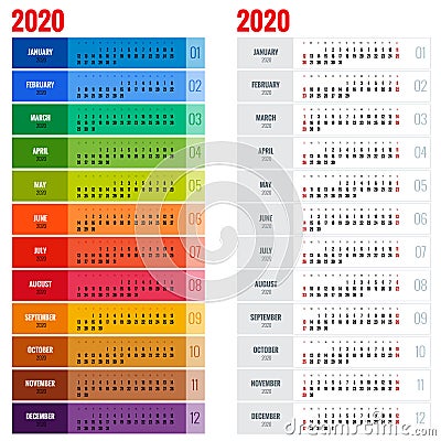 Yearly Wall Calendar Planner Template for 2020 Year. Vector Illustration