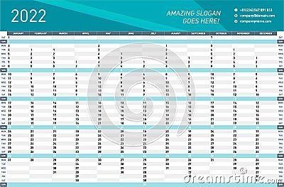 Yearly Wall Calendar Planner for 2022 Vector Illustration