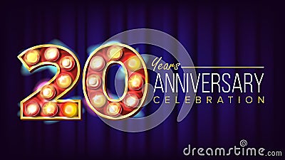 20 Years Anniversary Banner Vector. Twenty, Twentieth Celebration. Lamp Background Digits. For Flyer, Card, Wedding Vector Illustration