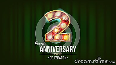 2 Years Anniversary Banner Vector. Two, Second Celebration. 3D Glowing Element Digits. For Happy Birthday Luxurious Vector Illustration