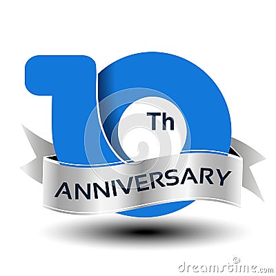 10 years anniversary, blue number with silver ribbon Vector Illustration