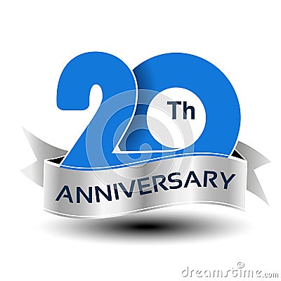 20 years anniversary, blue number with silver ribbon Vector Illustration