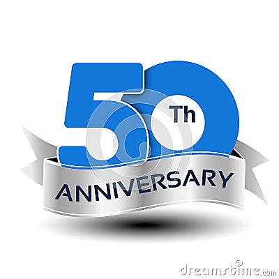 50 years anniversary, blue number with silver ribbon Vector Illustration