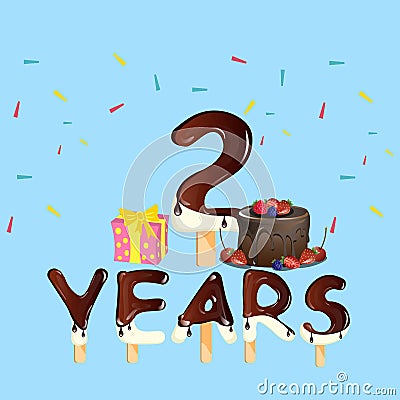 2 Years Anniversary celebration logo, with gift box and cake Vector Illustration