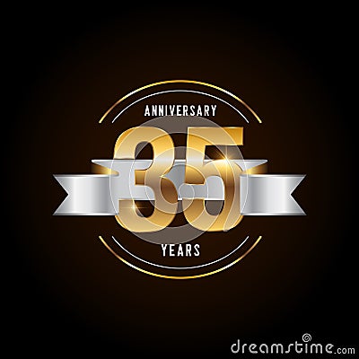 35 years anniversary celebration logotype. Golden anniversary emblem with ribbon. Design for booklet, leaflet, magazine, brochure Vector Illustration