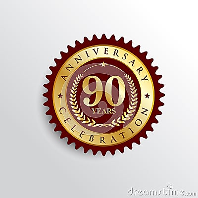 90 Years anniversary Golden badge logo. Vector Illustration