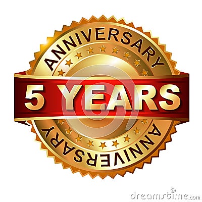 5 years anniversary golden label with ribbon. Cartoon Illustration