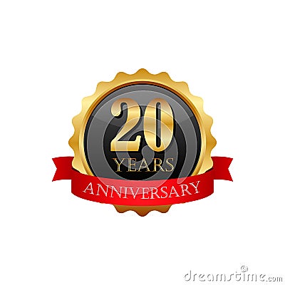 20 years anniversary golden label with ribbons Vector Illustration