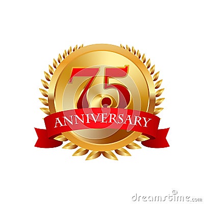 75 years anniversary golden label with ribbons Vector Illustration