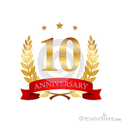 10 years anniversary golden label with ribbons Vector Illustration