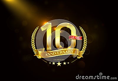 10 Years Anniversary with laurel wreath Golden Ribbon Vector Illustration