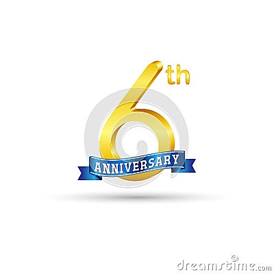 6 years anniversary logo with blue ribbon Vector Illustration