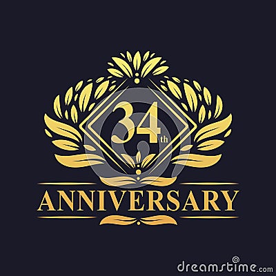 34 years Anniversary Logo, Luxury floral golden 34th anniversary logo Vector Illustration