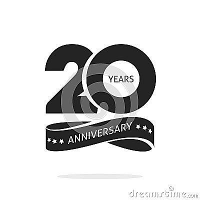 20 years anniversary logo template , black and white stamp 20th anniversary icon label with ribbon, twenty year Vector Illustration