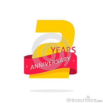 2 years anniversary logo template isolated on white, number 2 anniversary icon label with red ribbon, two year birthday Vector Illustration