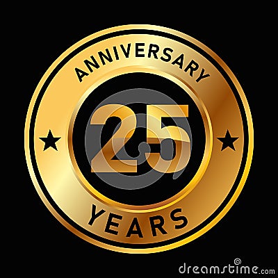 25 years anniversary medal gold golden circle design vector birthday celebration 25th Vector Illustration
