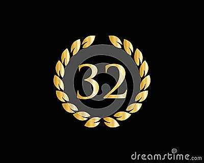 32 Years Anniversary Ring Logo Template. 32 Years Anniversary Logo With Golden Ring Isolated On Black Background, For Birthday, Vector Illustration