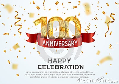 100 years anniversary vector banner template. Hundred year jubilee with red ribbon and confetti on white background Stock Photo