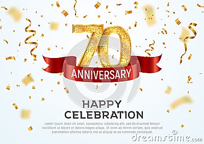 70 years anniversary vector banner template. Seventieth jubilee with red ribbon and confetti on white background Stock Photo