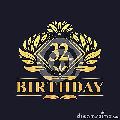 32 years Birthday Logo, Luxury Golden 32nd Birthday Celebration Vector Illustration