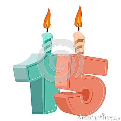 15 years birthday. Number with festive candle for holiday cake. Vector Illustration
