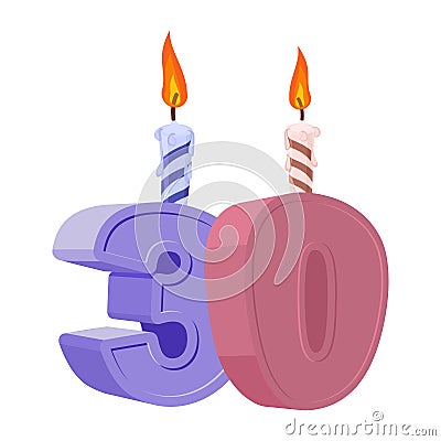 30 years birthday. Number with festive candle for holiday cake. Vector Illustration