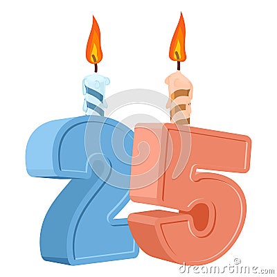 25 years birthday. Number with festive candle for holiday cake. Vector Illustration