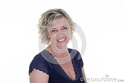 60 years blond senior woman smiling happy middle aged on white background Stock Photo