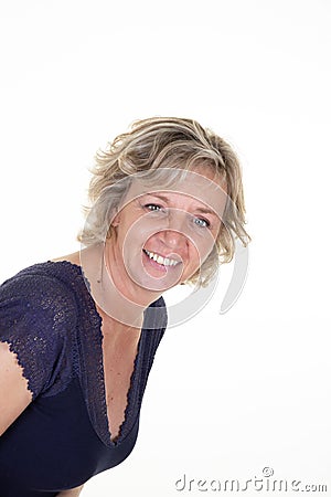 60 years blond senior woman smiling happy on white background Stock Photo